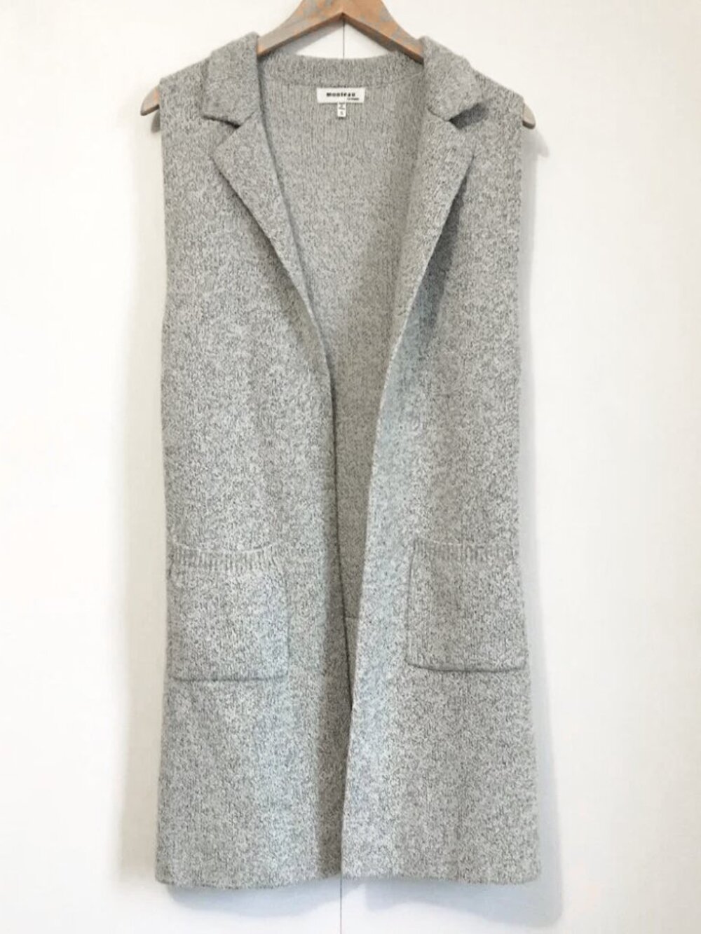 Monteau Los Angeles Long Grey Knit Pocketed Sleeveless Open Cardigan Small